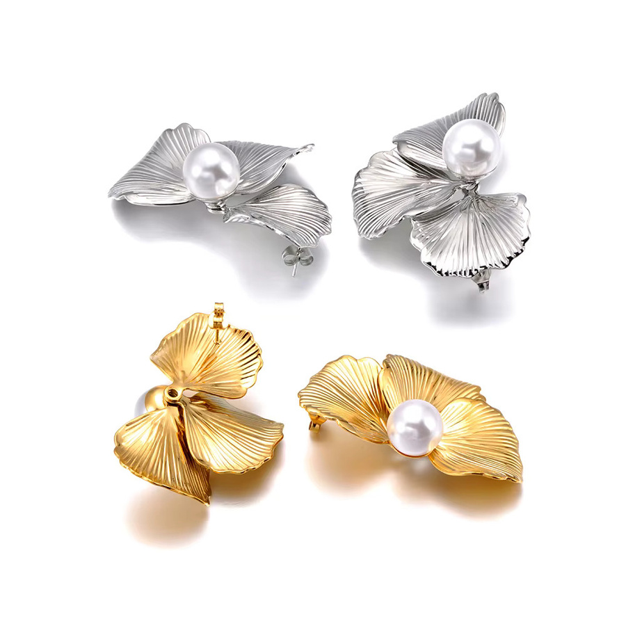 Lokaer Mode Ohrstecker, Blatt Blume, Imitation Perle, Edelstahl, Damen - Bild 2