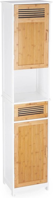 Relaxdays Badschrank aus MDF und Bambus im Landhausstil mit Lamellen, Weiß und Braun, H x B x T: 180 x 39 x 30 cm - Bild 1