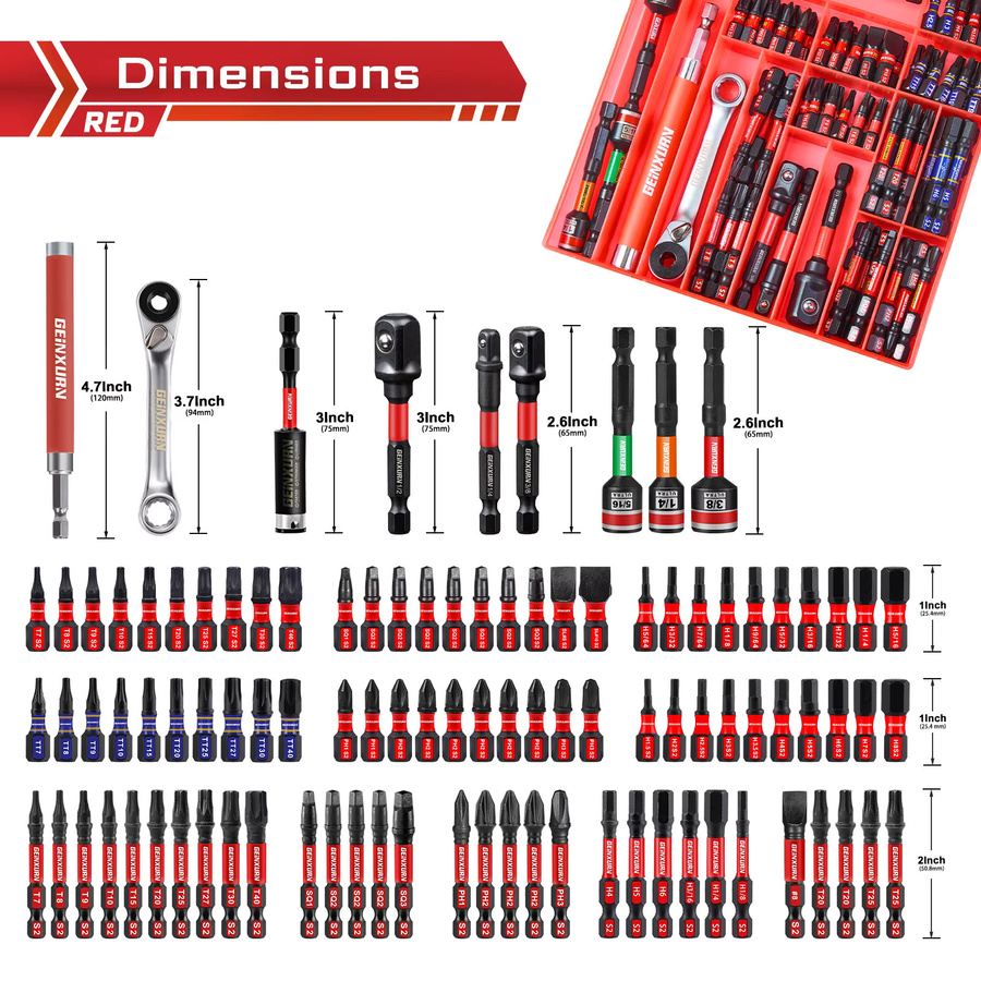 Geinxurn Schlagschrauber-Bits-Set aus S2-Stahl mit Magnetfunktion und Aufbewahrungsbox, 100 Stück - Bild 2