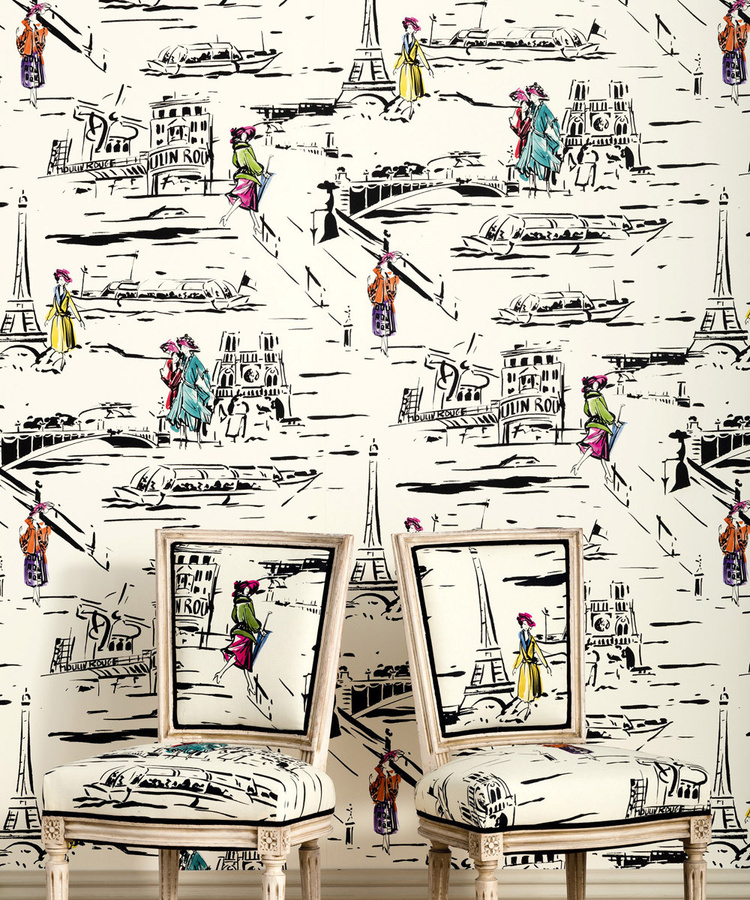 Manuel Canovas Tapete Parisienne in Schwarz-Weiß mit Stadtmotiv im Art Deco Stil - Bild 1
