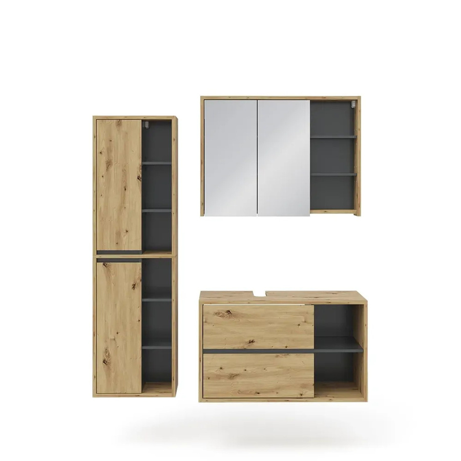 Vicco Badmöbel Set Viola in Eiche und Anthrazit bestehend aus Spiegelschrank, Hochschrank und Waschtischunterschrank - Bild 3