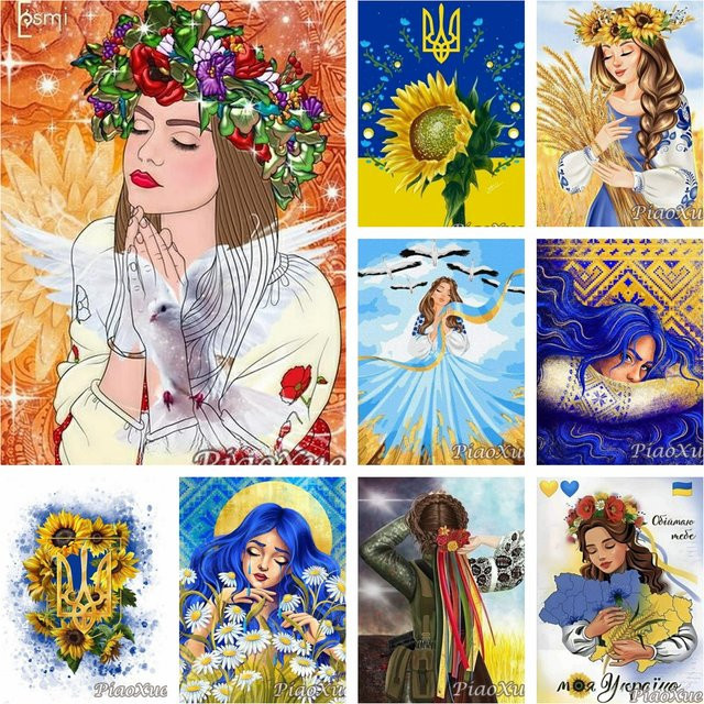 YUTTEE Diamantmalerei Set Ukrainische Flagge mit Mädchen, Weizen und Sonnenblumen, Mosaik Bild mit runden Steinen, Farben: Blau, Gelb und Multicolor - Bild 1