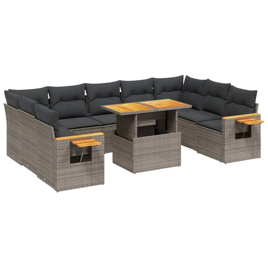 vidaXL 10-teilige Garten-Sofagarnitur aus Poly-Rattan mit Kissen in Grau und Akazienholz - Bild 2