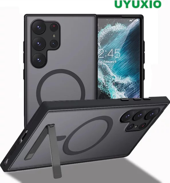 Magnetische Handyhülle mit Metallständer für Samsung Galaxy S23 und S22 Ultra, Schwarz und Transparent - Bild 1