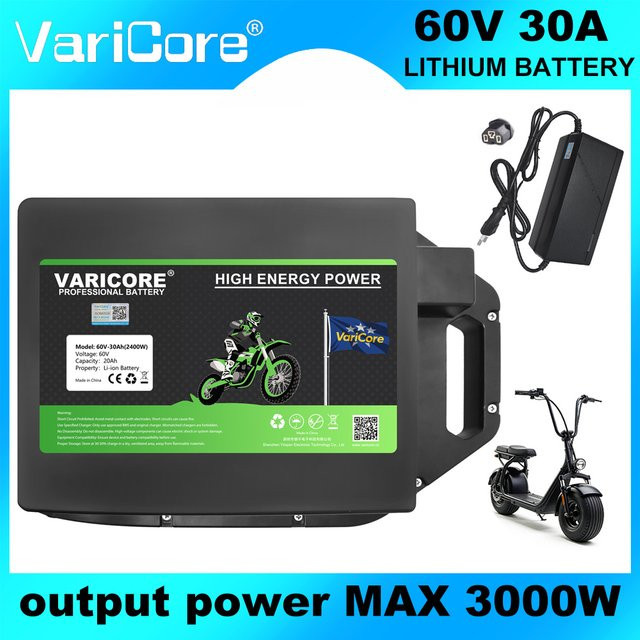 VariCore Lithium-Ionen-Akku 60V 30Ah für City Coco mit 18650 Zellen, wasserdicht, Schwarz, inklusive 67,2V-Ladegerät und 16-Strang-BMS - Bild 1