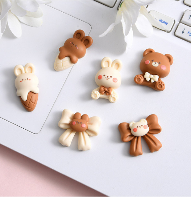 GRHO Bastelbedarf Cartoon Kaffee-Bär und Kaninchen Flatback Cabochons aus Resin in Beige für Scrapbooking und Handyhüllen-Deko - Bild 1