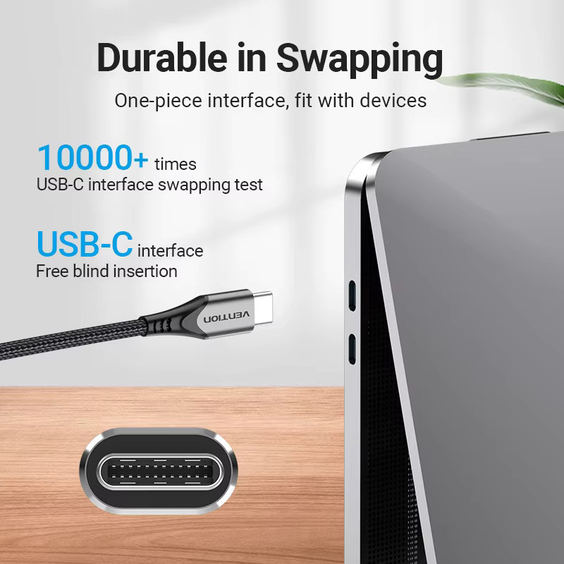 Vention USB C auf USB C Schnellladekabel mit 100 W Ladeleistung für iPhone, Huawei, Xiaomi, Samsung, Oppo und OnePlus in Schwarz und Grau - Bild 5