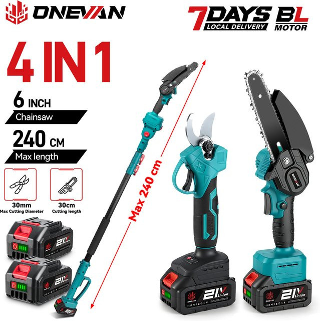 ONEVAN 4-in-1 Bürstenlose elektrische Hochastsäge und -schere mit 6 Zoll Sägeblatt und Teleskopstange für Makita LXT Akkus, Mehrfarbig - Bild 1