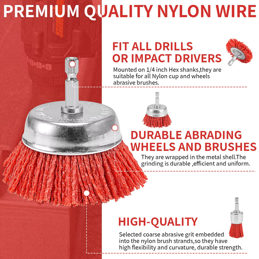 NuoDun 5-teiliges Nylon-Filament-Schleifbürsten-Set mit sechseckigem Griff zur Entfernung von Rost, Korrosion und Farbe in Rot - Bild 4