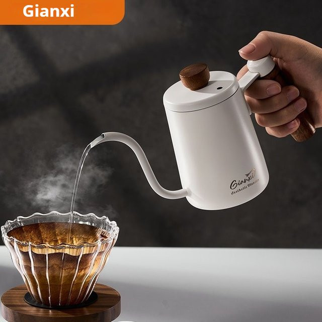 Giannxi Kaffeekanne aus Edelstahl mit Holzgriff und langem Ausguss, 0,35 l, Schwarz oder Weiß - Bild 1