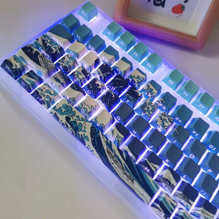 FSWHBY Keycaps Die große Welle von Kanagawa Dye-Sub PBT Keycaps im Cherry-Profil mit Side-Print und Leuchtdurchlass für MX-Schalter Tastaturen, 125 Tasten - Bild 2