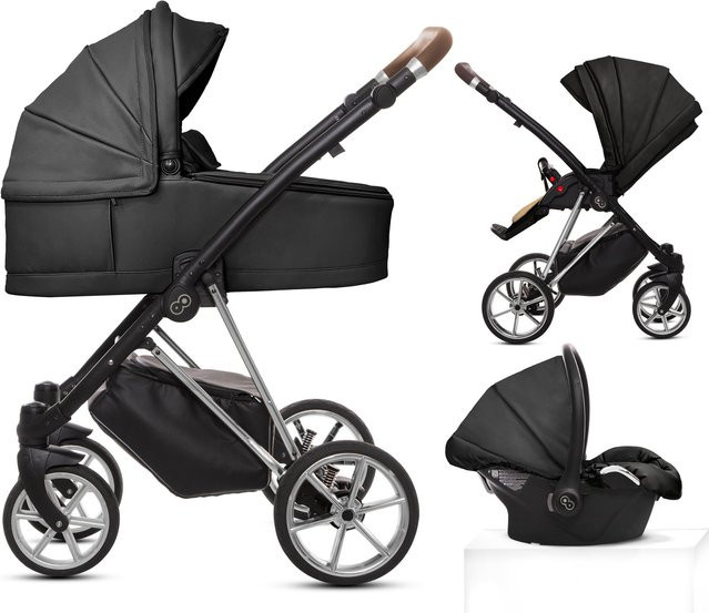 TPFLiving 3in1 Kinderwagen Royal aus Kunstleder in Onyx mit Gestell in Silber - Bild 1