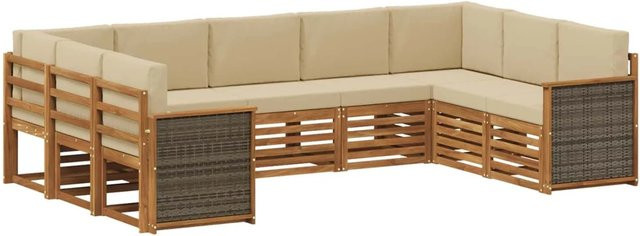 vidaXL Ecksofa Set aus massivem Akazienholz in Natur mit Polsterkissen in Beige - Bild 1