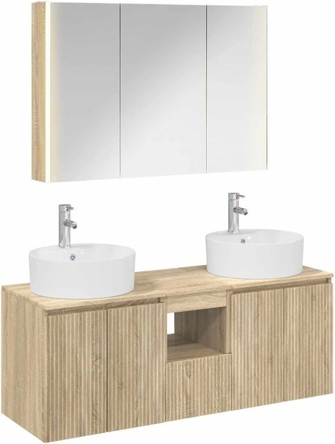 vidaXL Badezimmerschrank-Set 4-teilig in Sonoma-Eiche, modern mit LED-Beleuchtung und Spiegelschrank, Farbe: Braun/Beige - Bild 1