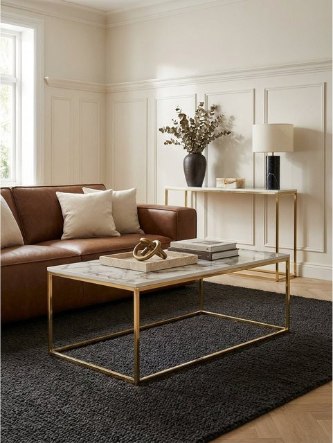 KADIMA DESIGN Couchtisch mit Marmor-Optik und Metall-Gestell, modern, rechteckig, Weiß, B/T/H: 100 x 60 x 40 cm - Bild 1