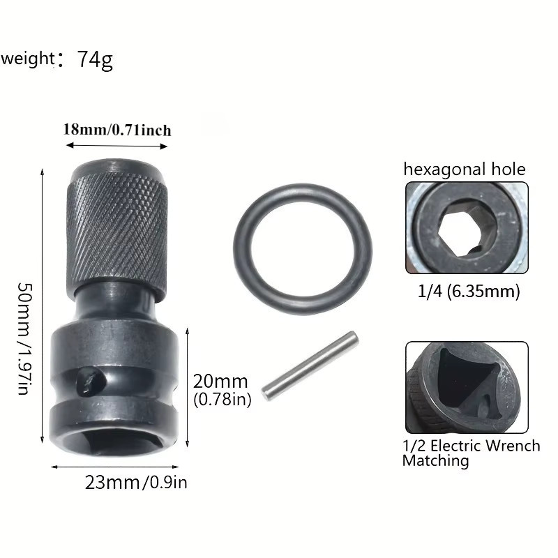 DUTRIEUX Adapter-Set 1/2 Zoll Vierkantantrieb auf 1/4 Zoll Sechskantkonverter mit O-Ringen und Stiften für DIY-Metallprojekte - Bild 6