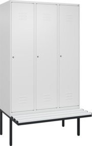 C+P Spind Classic PLUS Garderobenschrank mit Sitzbank, 3 Abteile, Farbe: Reinweiß, B/T/H: 2120 x 1200 x 815 cm, mit Zylinderschloss und 4 Garderobenhaken - Bild 1