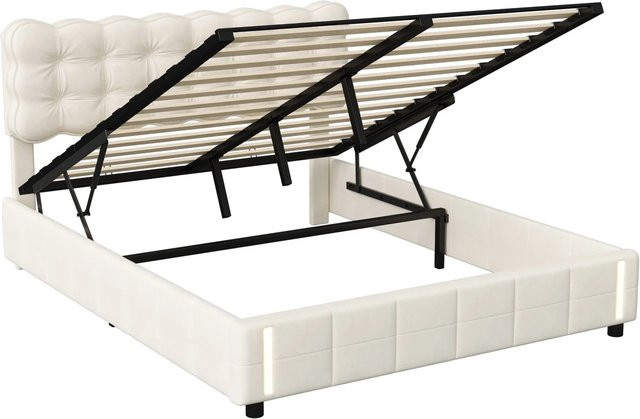 PXloue Doppelbett mit LED-Beleuchtung aus Samt und Metall in Beige, B/T/H: 160 x 200 x 103 cm - Bild 1