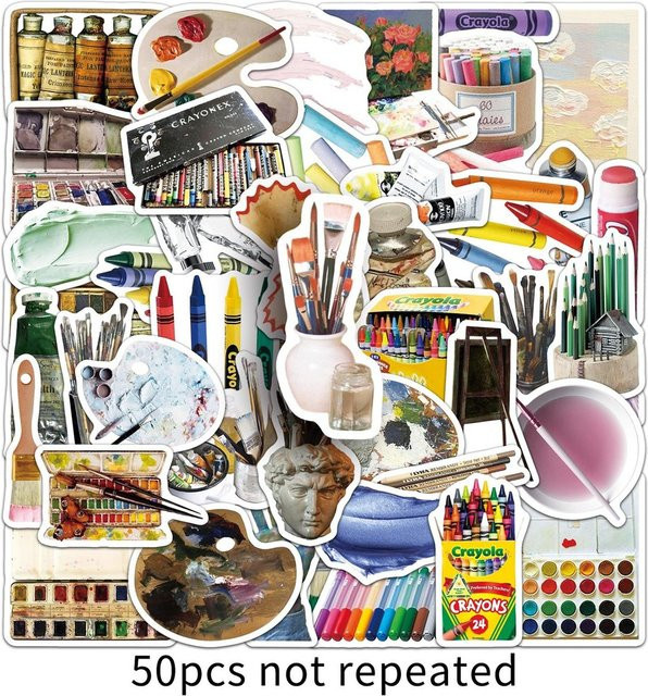 50 Stück wasserfeste Kunstaufkleber mit Pinsel- und Malwerkzeugen in Multicolour von AnimeWorlds Store - Bild 1