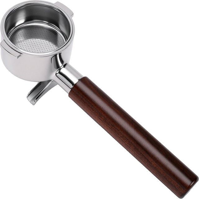 Siebträger mit Rosenholzgriff Typ N passend für DeLonghi, 51mm Doppel-Auslauf mit 2 Ohren, Silber/Braun - Bild 1