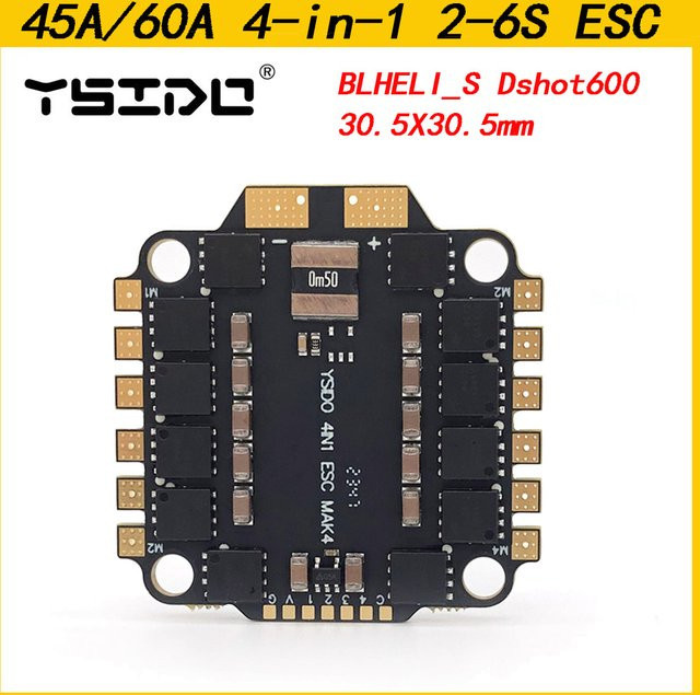 YSIDO 4-in-1 ESC BLHELI_S Dshot600 45A 60A Bürstenloser Regler für 2-6S FPV Freestyle, Schwarz, B/T/H: 30,5 x 30,5 mm - Bild 1