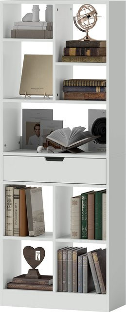 Aosom HOMCOM Bücherregal mit 9 Regalfächern und 1 Schublade, weißes Standregal mit Anti-Kippsicherung für Wohnzimmer und Büro, B: 60 cm, T: 26 cm, H: 158 cm - Bild 1