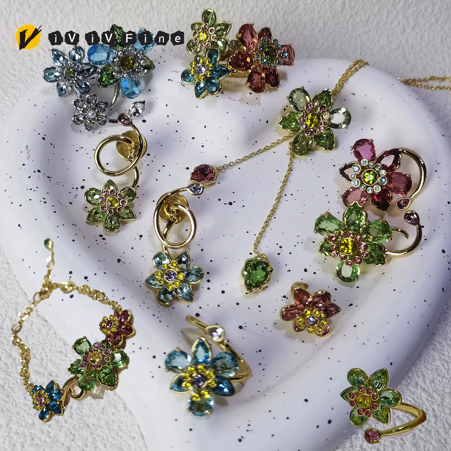 Schmuckset Blumen, Halskette, Ohrringe, Armband, Ring, Gold, Kristall, Damen - Bild 1