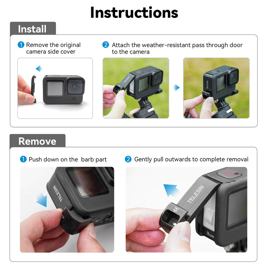Telesin Wasserdichte Seitenabdeckung mit USB-C Ladeanschluss für GoPro Hero 12 11 10 9 in Schwarz - Bild 5