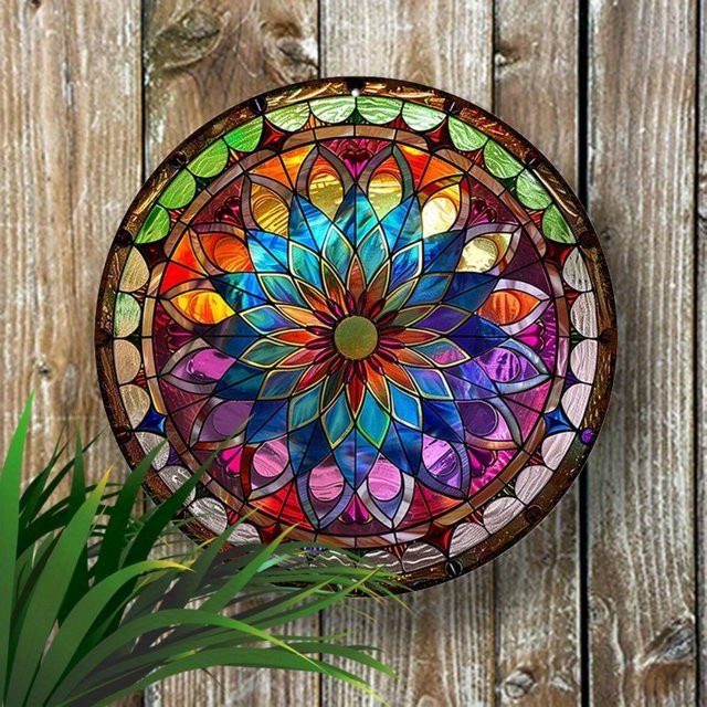 HELLOYOUNG Rundes Mandala-Kunstschild aus Aluminium in Multicolour, Art Nouveau Wanddekoration mit geometrischem Blumenmuster, Durchmesser: 20,3 cm - Bild 1