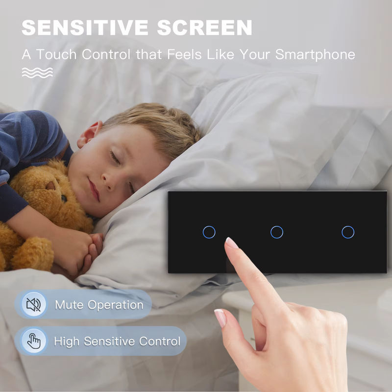 Bseed Wand-Touch-Lichtschalter, 3-Gang, 1-Wege, Kristallglas-Panel, Schwarz - Bild 4