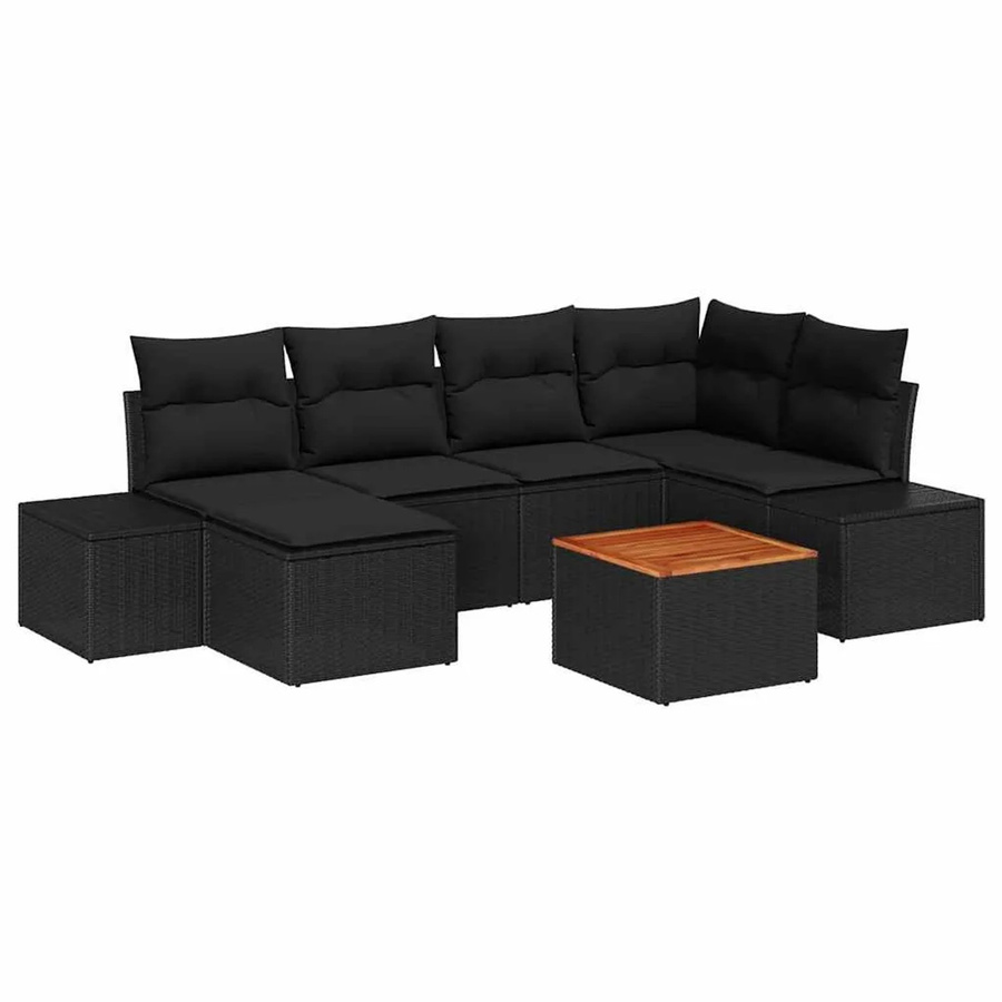 vidaXL Garten-Sofa-Set 7-teilig aus Polyrattan in Schwarz mit wetterfesten Kissen und Akazienholz-Elementen - Bild 2