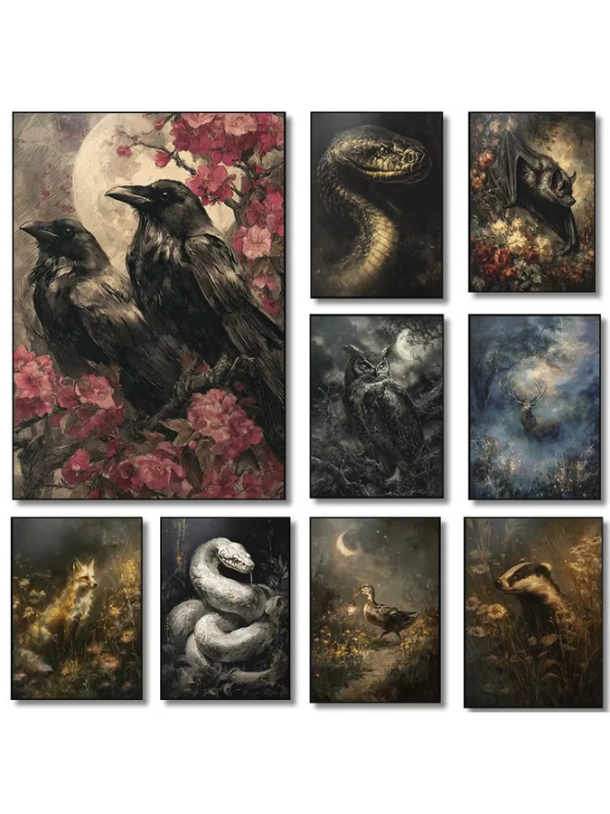 Potdemiel Leinwandgemälde im Dark-Academia-Stil mit Waldmotiven, Eidechse und Schlange, mehrfarbig - Bild 3