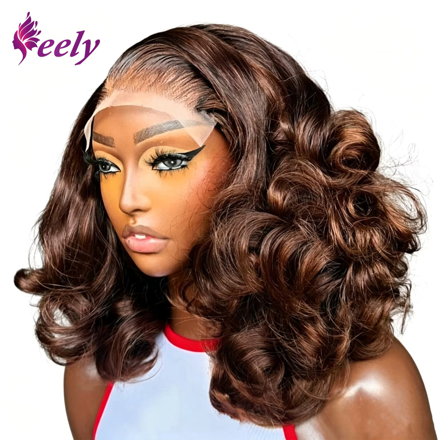 Happy Monday Bob-Perücke Echthaar, Schokoladenbraun, Body Wave, 13x4 HD Lace-Front - Bild 7