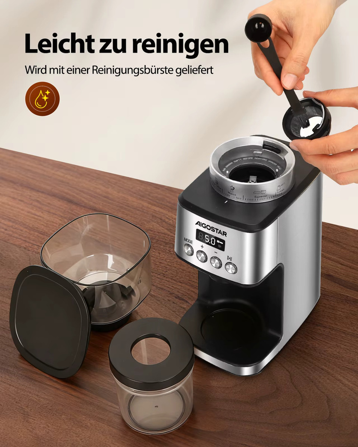 Aigostar Elektrische Kaffeemühle mit Kegelmahlwerk aus Edelstahl in Silber mit 52 Mahleinstellungen und Digitaldisplay für Espresso, Filterkaffee und Siebträger - Bild 6