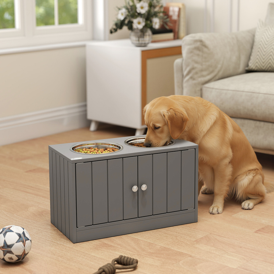 PawHut Futterstation mit Stauraum und 2 Edelstahlnäpfen für Hunde und Katzen, Grau, B/H/L: 60 x 30 x 35,5 cm - Bild 2
