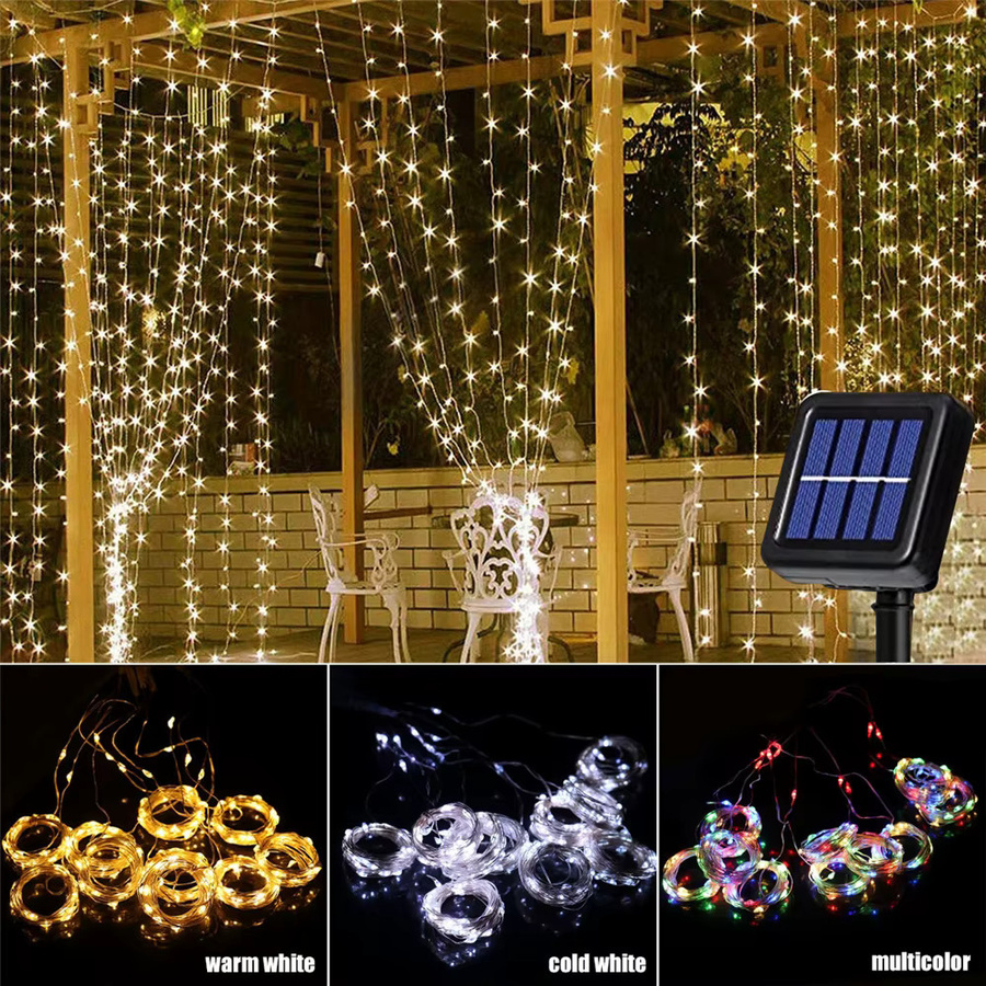 OSIDEN Solar LED Hof-Vorhang-Lichterkette mit 300 LEDs in Warmweiß, wasserdicht mit 8 Modi für Garten und Außenbereich - Bild 4