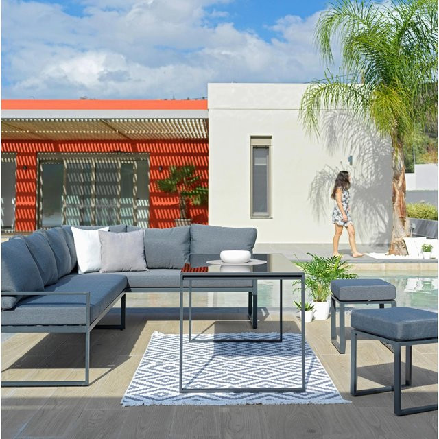 Mömax Loungegarnitur-Set Mexiko in Schwarz und Anthrazit mit L-Form, 2-Sitzer-Sofa, Couchtisch und Ottoman aus pulverbeschichtetem Stahl und UV-beständigem Polyester - Bild 1