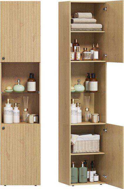 Homcom Badezimmerregal in Eiche, schmales Badmöbel mit 6 Ebenen, 2 Türen und Regalböden aus Sicherheitsglas, B/T/H: 40 x 31 x 182 cm - Bild 1