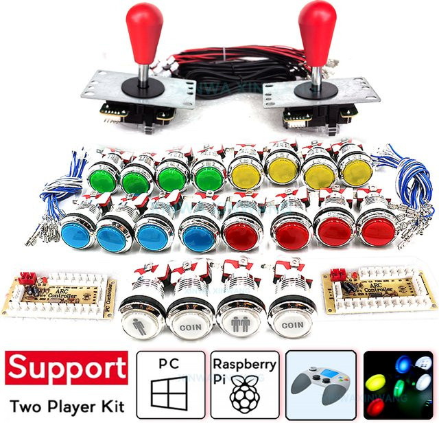 XINWA XINWANG Arcade Joystick DIY Kit mit USB Board für PC und Raspberry Pi, beleuchtete Tasten in Silber, Rot und Blau für Fighting Games - Bild 1