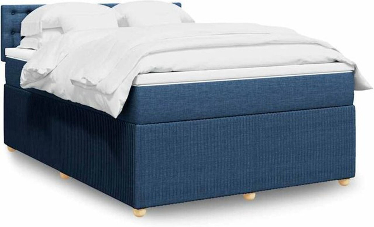 vidaxl Boxspringbett mit Matratze in Blau und Weiß aus Stoff, Modernes Design, B/T/H: 140 x 190 cm - Bild 1