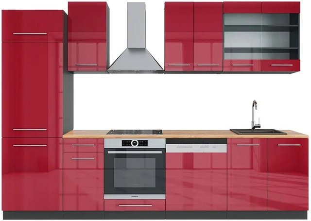 Vicco Fame-Line Küchenzeile Bordeaux Hochglanz Anthrazit Eiche Breite: 300 cm - Bild 1