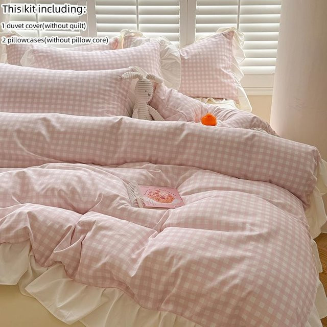 3-teiliges koreanisches Bettwäscheset Bin Chi Textiles mit Spitze in Rosa kariert, B/H: 150 x 210 cm - Bild 1