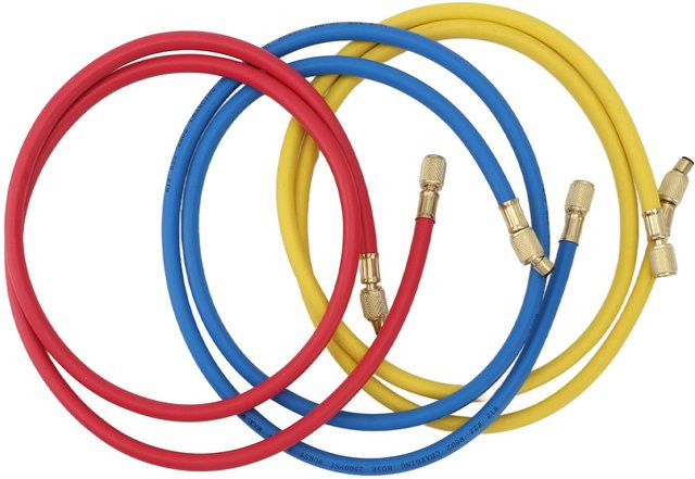 OutsideWorld Kältemittel-Füllschlauch Set aus Messing, 3 Stück, 1/4 Zoll, Länge: 150 cm, Farben: Rot, Blau, Gelb - Bild 1