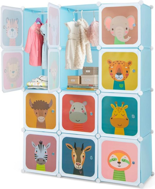 GOFLAME Kindergarderobe aus Kunststoff mit 12 Würfeln und 2 Kleiderbügeln, erweiterbares Regalsystem in Blau und Multicolour - Bild 1
