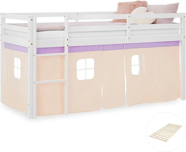 Homestyle4u Kinderbett Hochbett aus Kiefernholz mit Vorhang in Lila und Orange, B/T/H: 90 x 200 x 175 cm - Bild 1