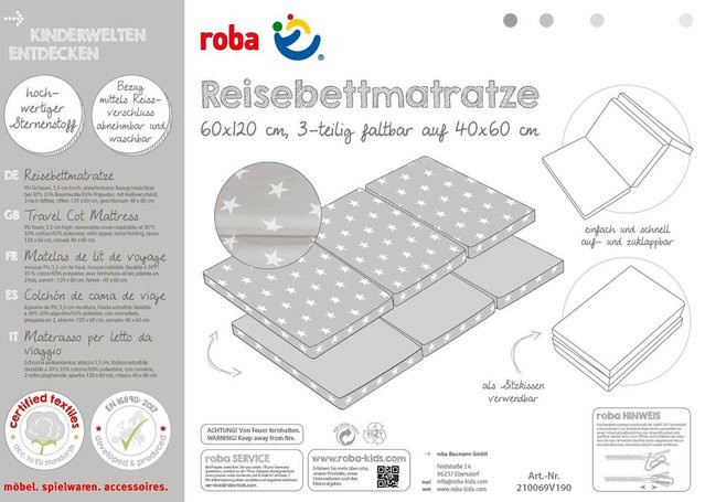 Roba Reisebettmatratze Little Stars in Grau und Weiß, B/T/H: 120 x 60 x 1 cm - Bild 1