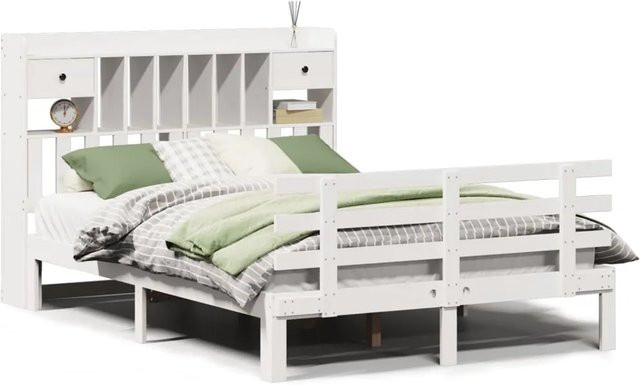 vidaXL Massivholzbett aus Kiefer mit Kopfteil und Regal in Weiß, B/T/H: 150 x 200 cm - Bild 1