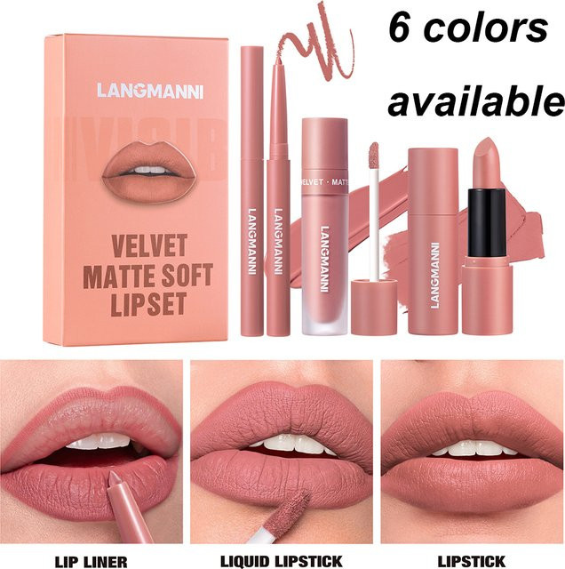 Lippen-Set mit Lipliner, flüssigem Lippenstift & Kugel-Lippenstift Trio, Nude, 6 Farben - Bild 1