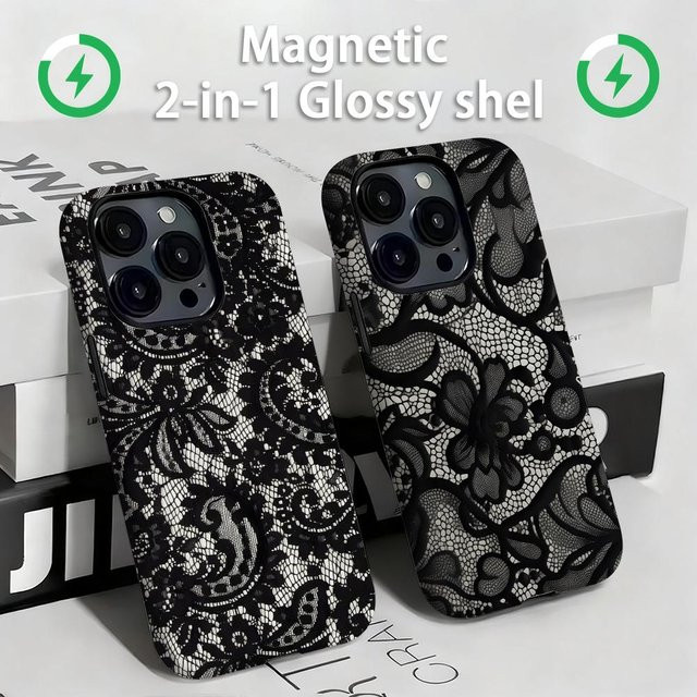 Schwarze 2-in-1 Spitzen-Handyhülle mit Magnetfunktion und glänzender Schale für iPhone 17, 16, 15, 14, 13, 12, 11 Pro Max Plus - Bild 1