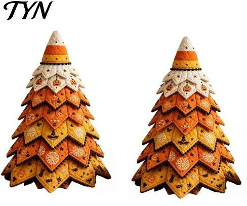 Vervedy Patchwork Stoff Weihnachtsbaum Bastelset mit Vintage Ornamenten in Orange für die Tischdekoration, 2er Set - Bild 1